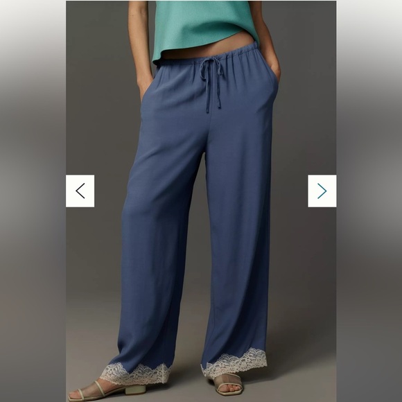 Anthropologie Lace Trim Silky Pants Size Medium Blue Drawstring Waist Pockets - Picture 1 of 14